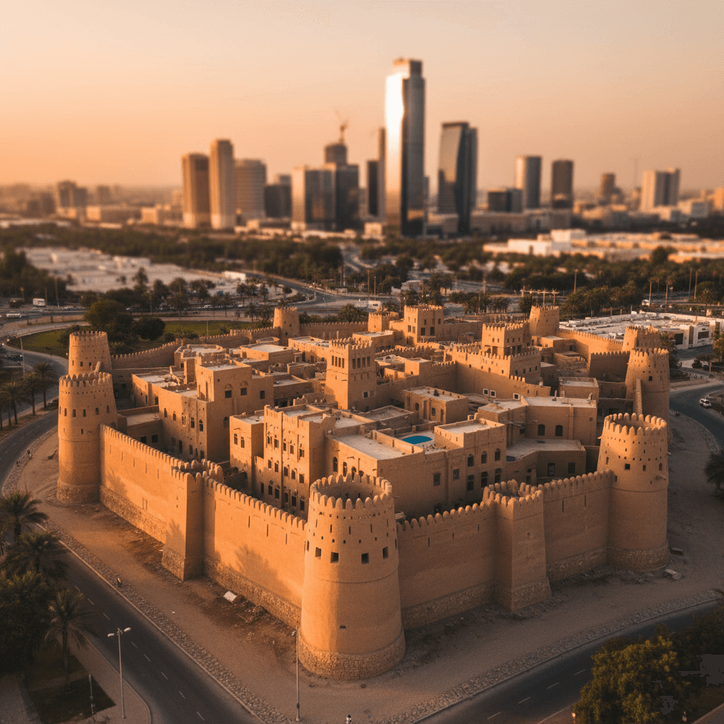 تصوير جوي لقرية تراثية سعودية وقت الغروب
