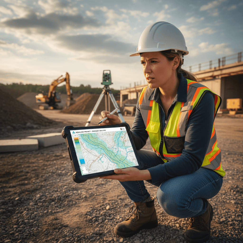 Engineer reviewing watershed data on a tablet at a construction site