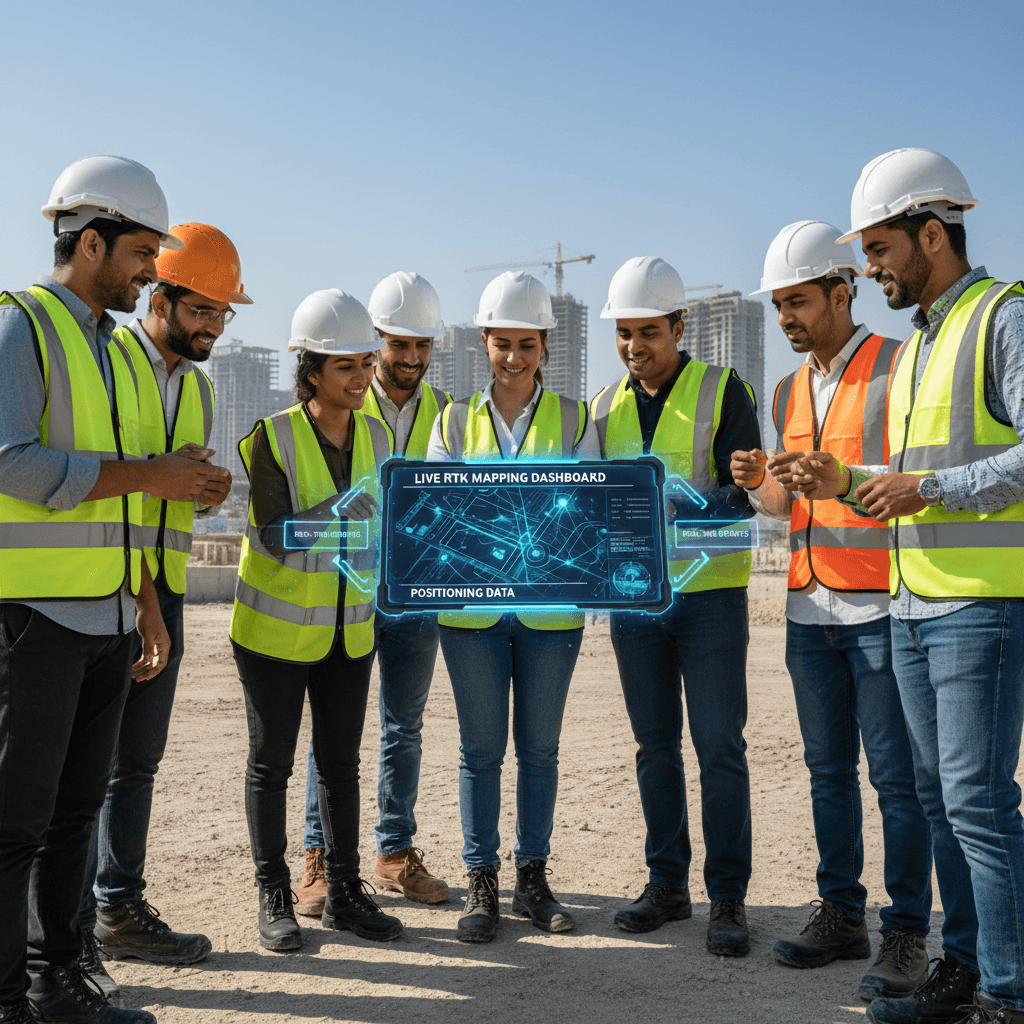فريق مشروع يراجع نتائج خرائط RTK على جهاز لوحي