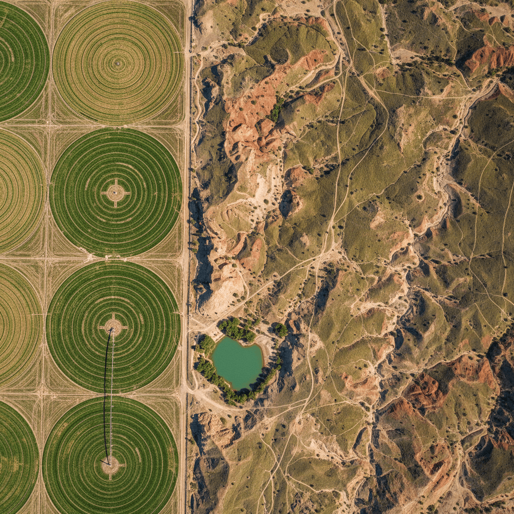 Aerial view of Saudi Arabian landscape showing agricultural fields and wildlife habitat.