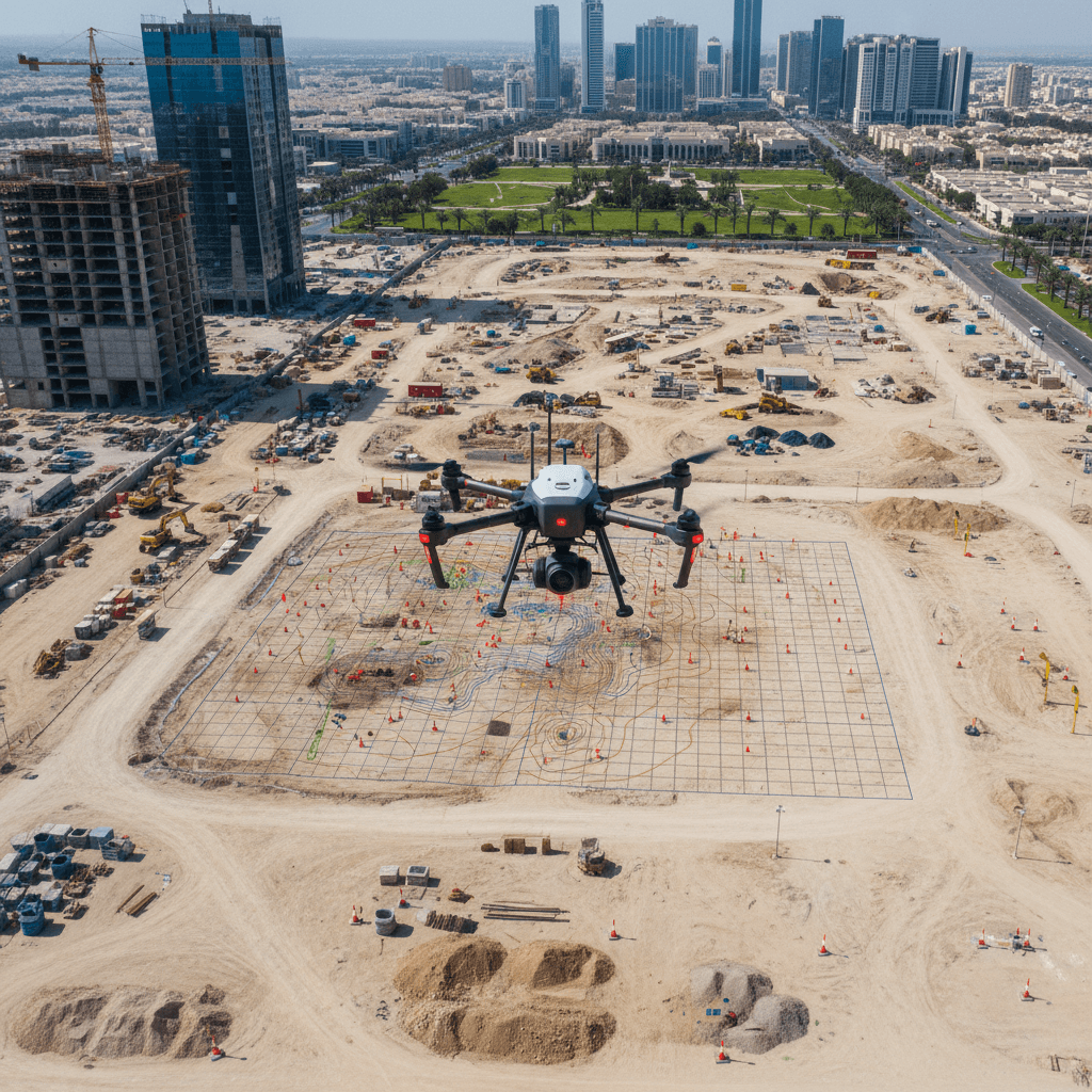طائرة مسح جوي تحلق فوق موقع إنشائي في الرياض