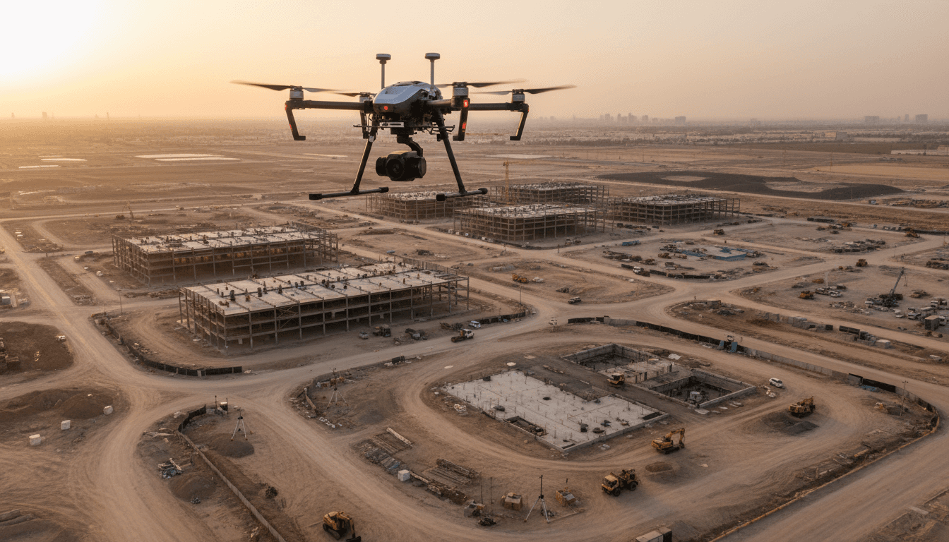 طائرة بدون طيار تحوم فوق موقع مشروع بناء كبير في الرياض أثناء الغروب