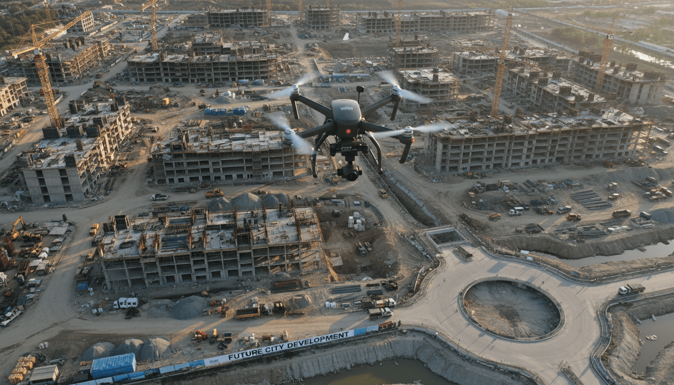 طائرة بدون طيار تراقب موقع بناء كبير في الرياض
