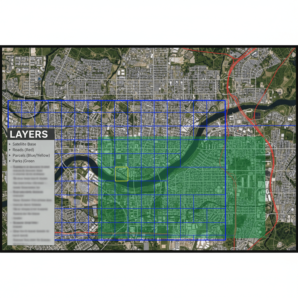 طبقات GIS للمسح الطبوغرافي معروضة على شاشة الحاسوب