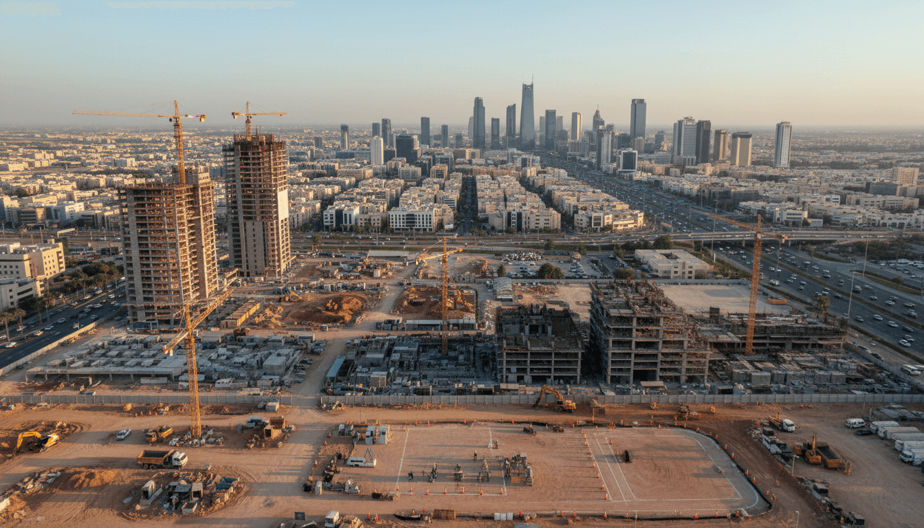 طائرة درون تحوم فوق موقع بناء احترافي في الرياض