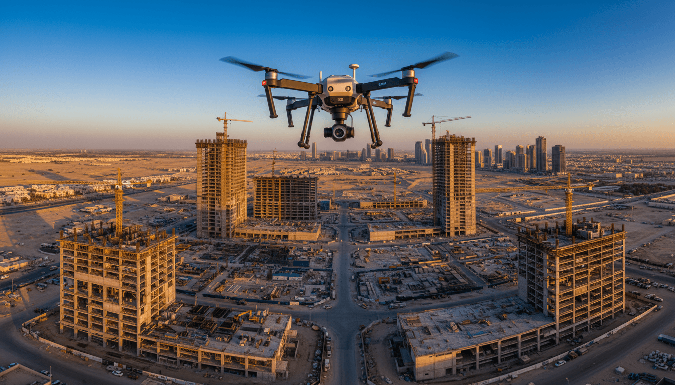 طائرة بدون طيار تحوم فوق موقع بناء تجاري كبير في الرياض