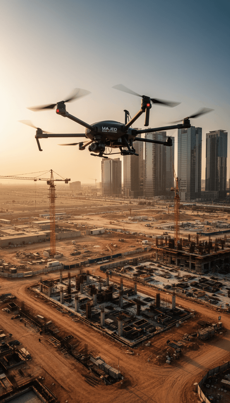 طائرة بدون طيار احترافية تحوم فوق موقع بناء في الرياض خلال الساعة الذهبية