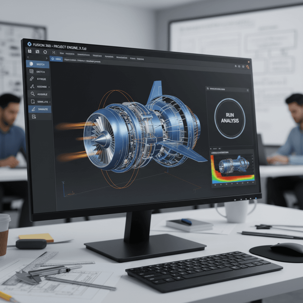 واجهة برنامج تصميم هندسي على شاشة حاسوب في مكتب