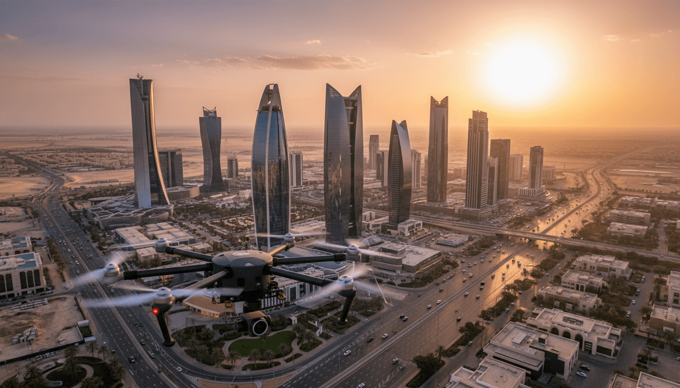 طائرة بدون طيار تحلق فوق أفق مدينة الرياض