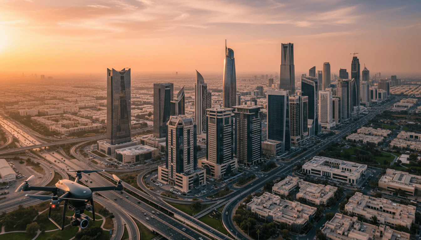 طائرة درون سينمائية تحلق فوق أفق مدينة الرياض مع لقطات جوية 6K للمشاريع العقارية