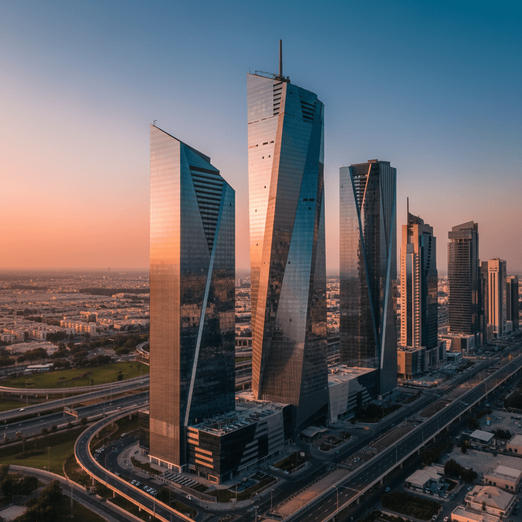 لقطة جوية سينمائية لناطحات سحاب حديثة في الرياض وقت الغروب