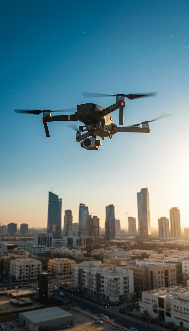 طائرة بدون طيار تحلق فوق أفق مدينة الرياض أثناء الغروب
