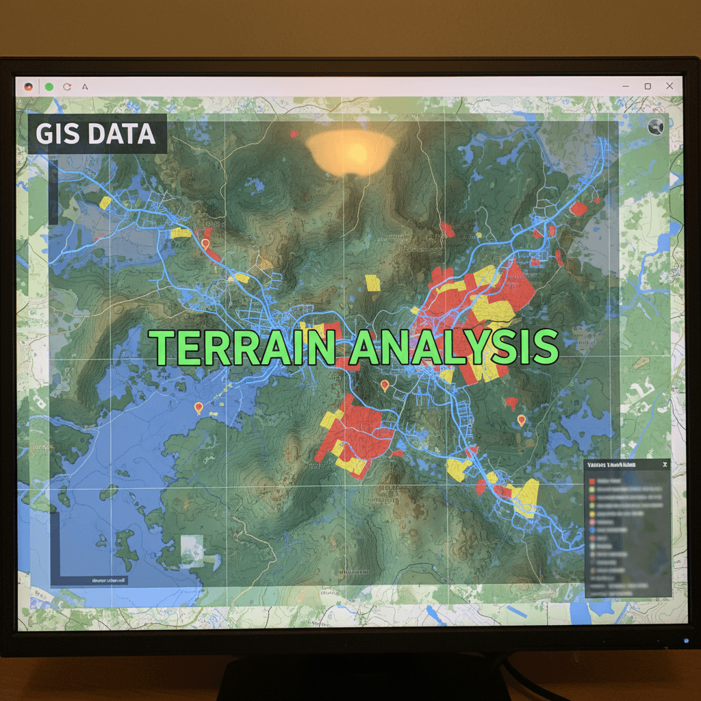 Digital terrain model with contour lines on a GIS interface