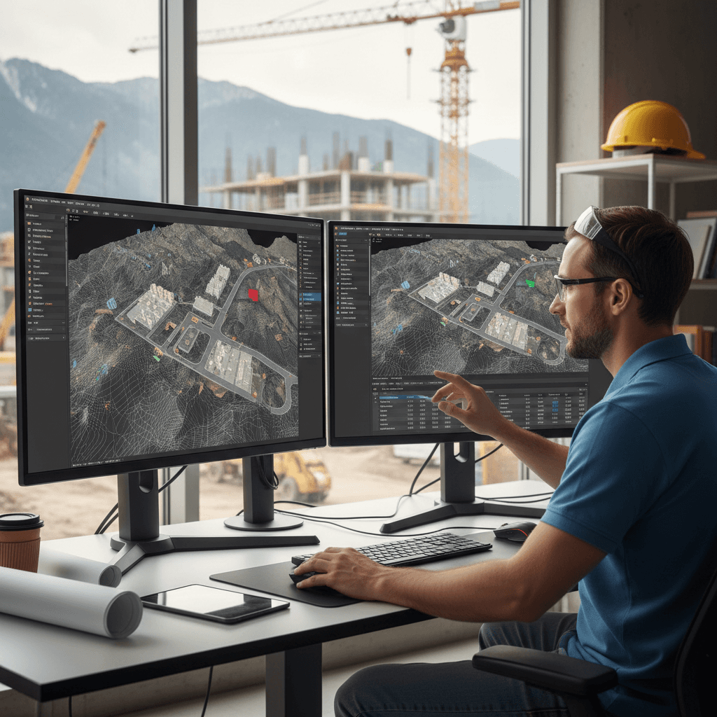 مهندس مدني يعمل على نموذج ثلاثي الأبعاد للتضاريس في برنامج CAD