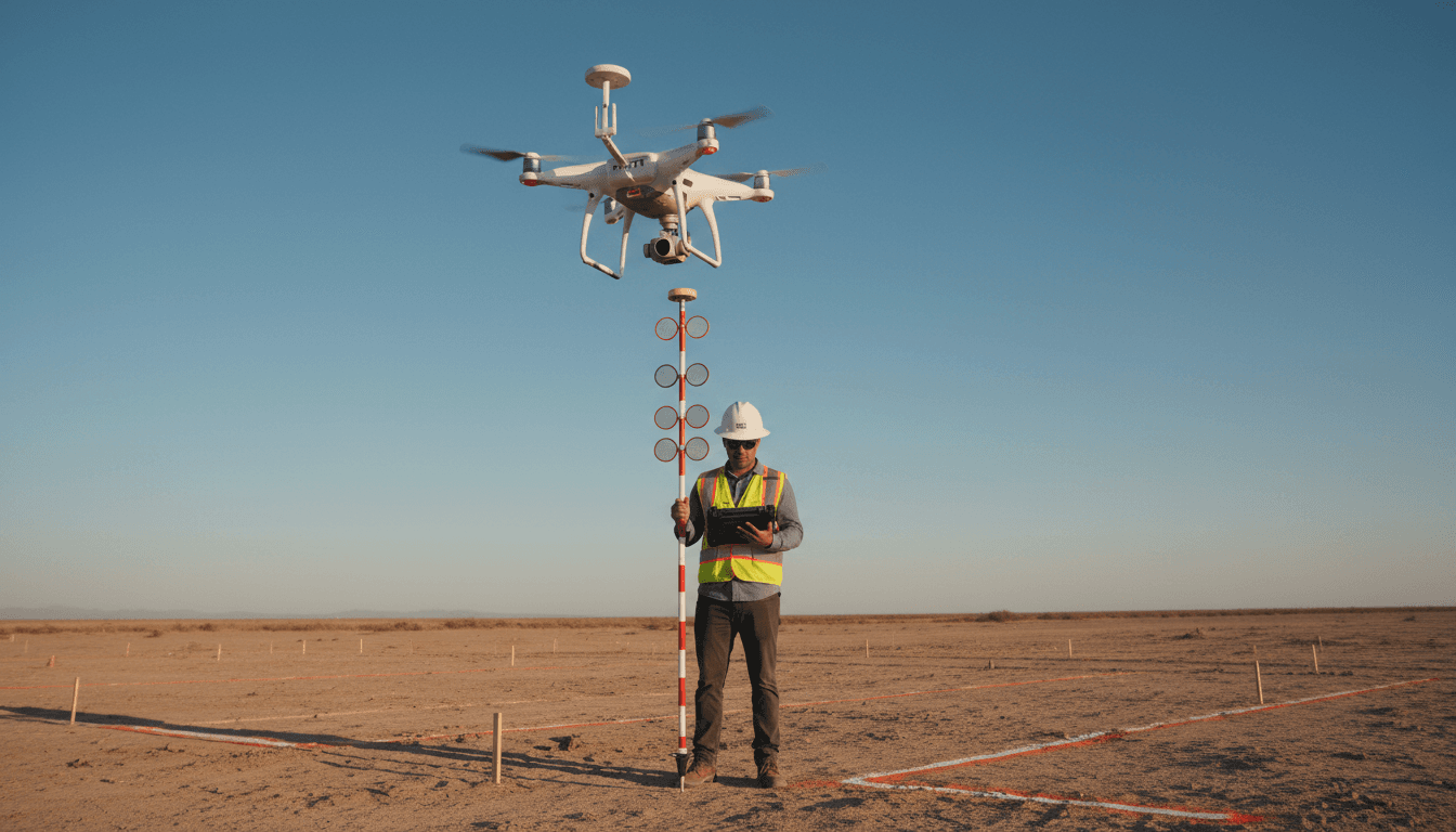 طائرة مسح جوي RTK احترافية في العمل مع نقاط التحكم الأرضية
