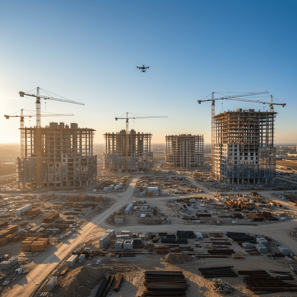 موقع بناء كبير يظهر عدة مبانٍ في مراحل إنشائية مختلفة مع طائرة بدون طيار صغيرة في السماء توثق التقدم.