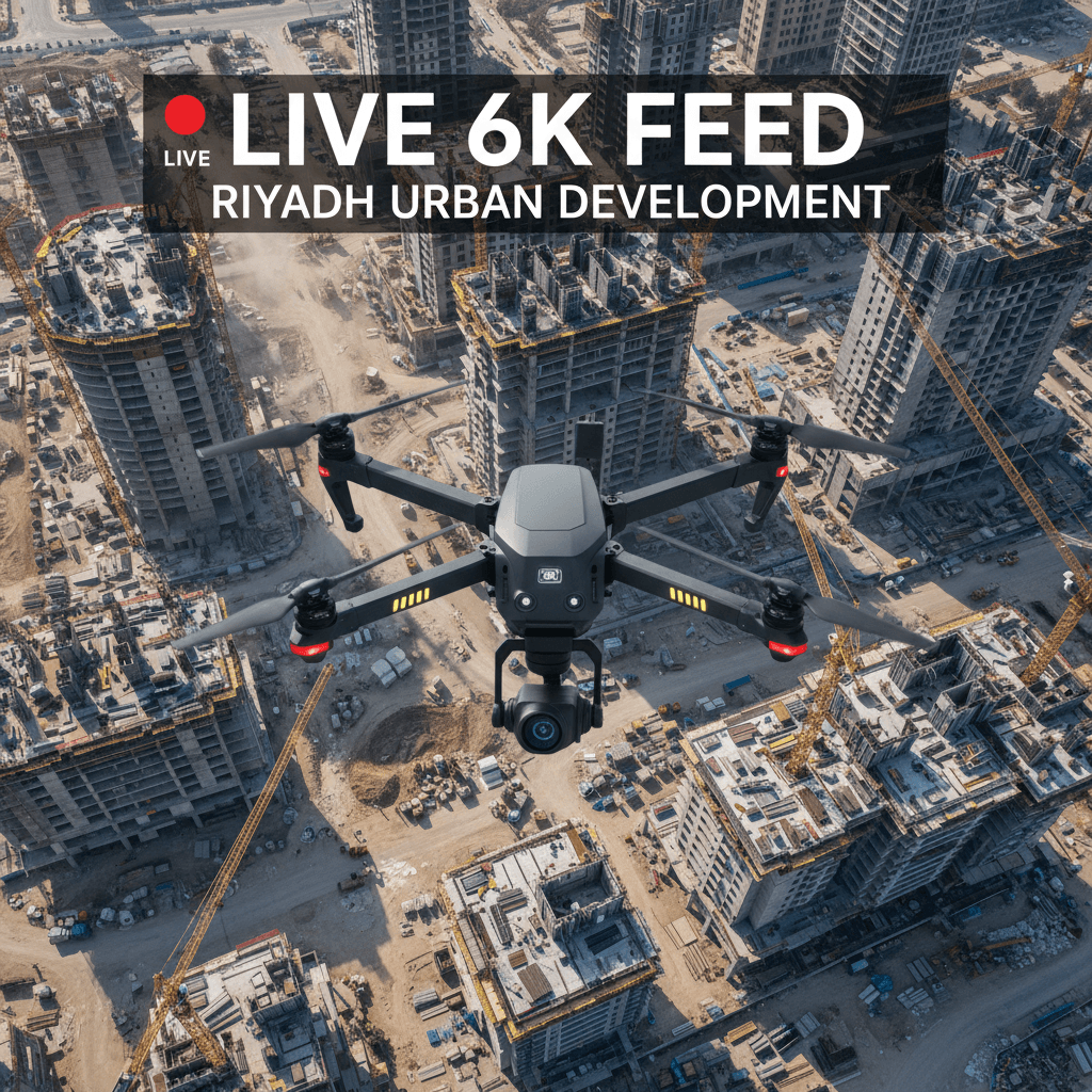 Drone flying over active Riyadh construction site, broadcasting live in 6K quality