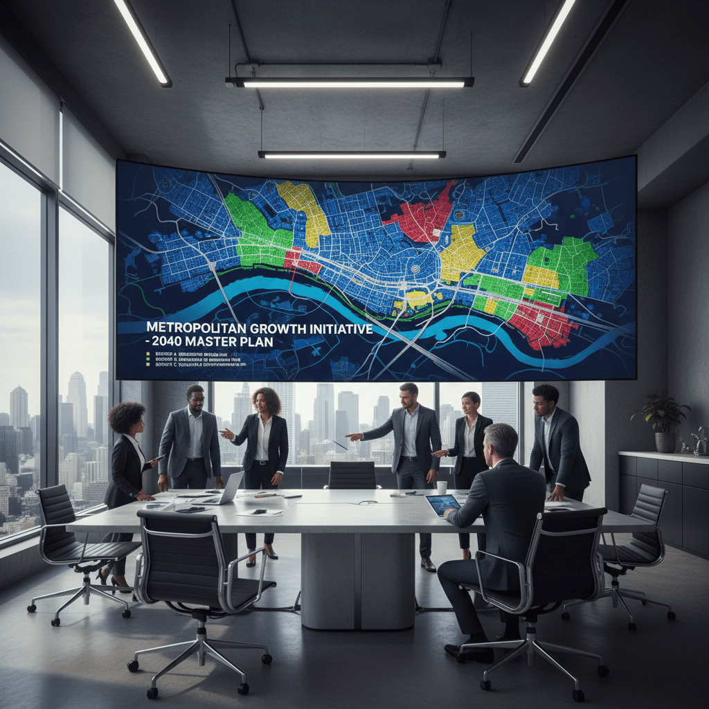 Digital zoning map displayed on a monitor in an urban planning office