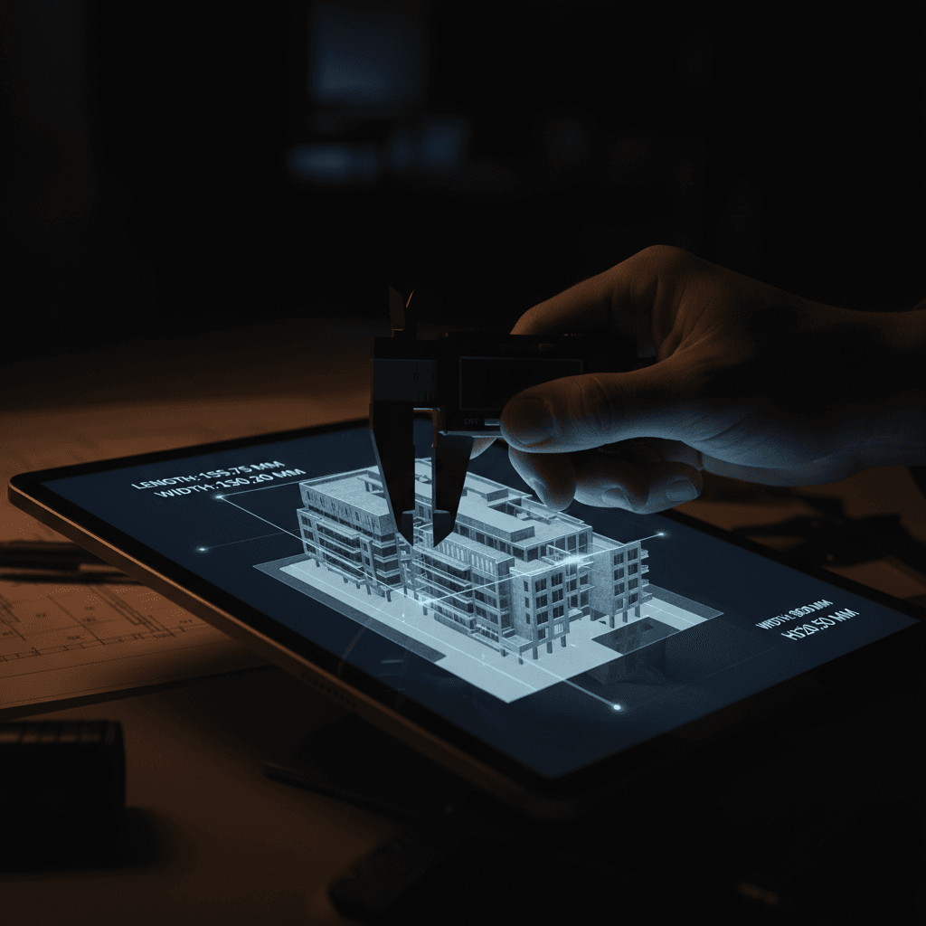 يد مهندس تستخدم فرجارًا رقميًا على شاشة جهاز لوحي تعرض نموذجًا ثلاثي الأبعاد لمبنى مع قياسات رقمية دقيقة.