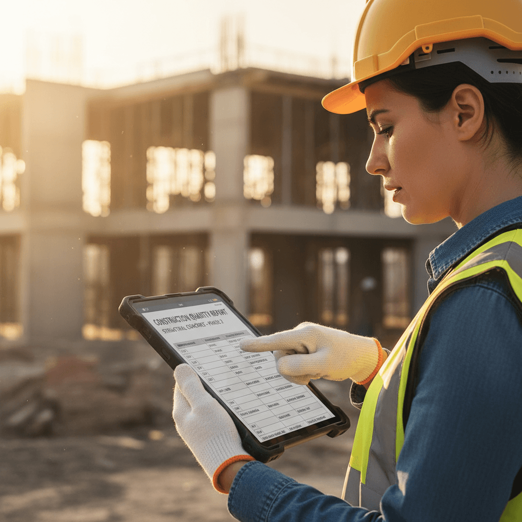 مهندس يستعرض تقرير كميات على جهاز لوحي في موقع بناء
