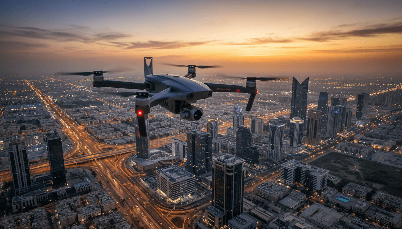 طائرة درون تحلق فوق أفق مدينة الرياض وقت الغروب