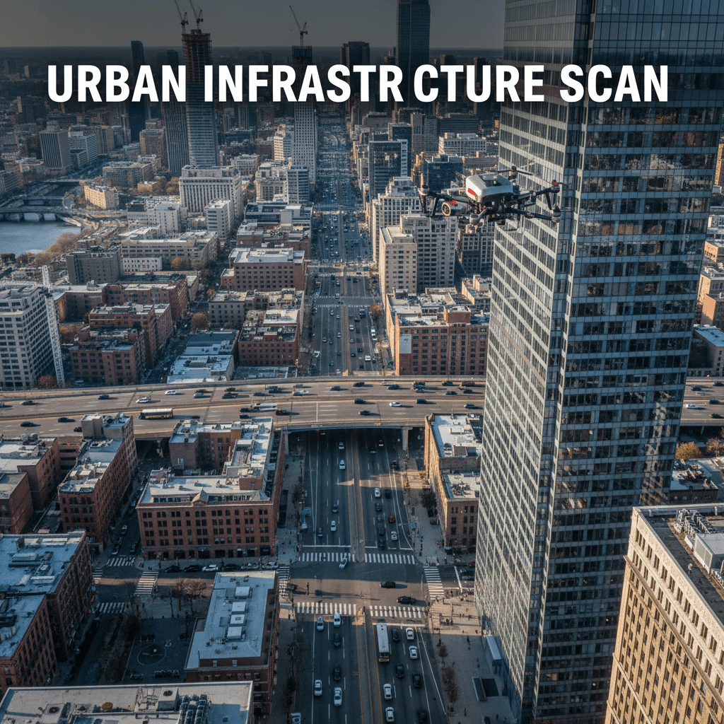 aerial 6K video of urban infrastructure inspection with clear building and street details