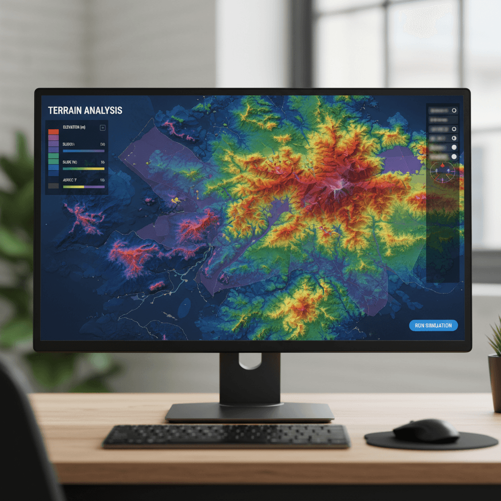 واجهة خريطة GIS مع طبقات تحليل التضاريس