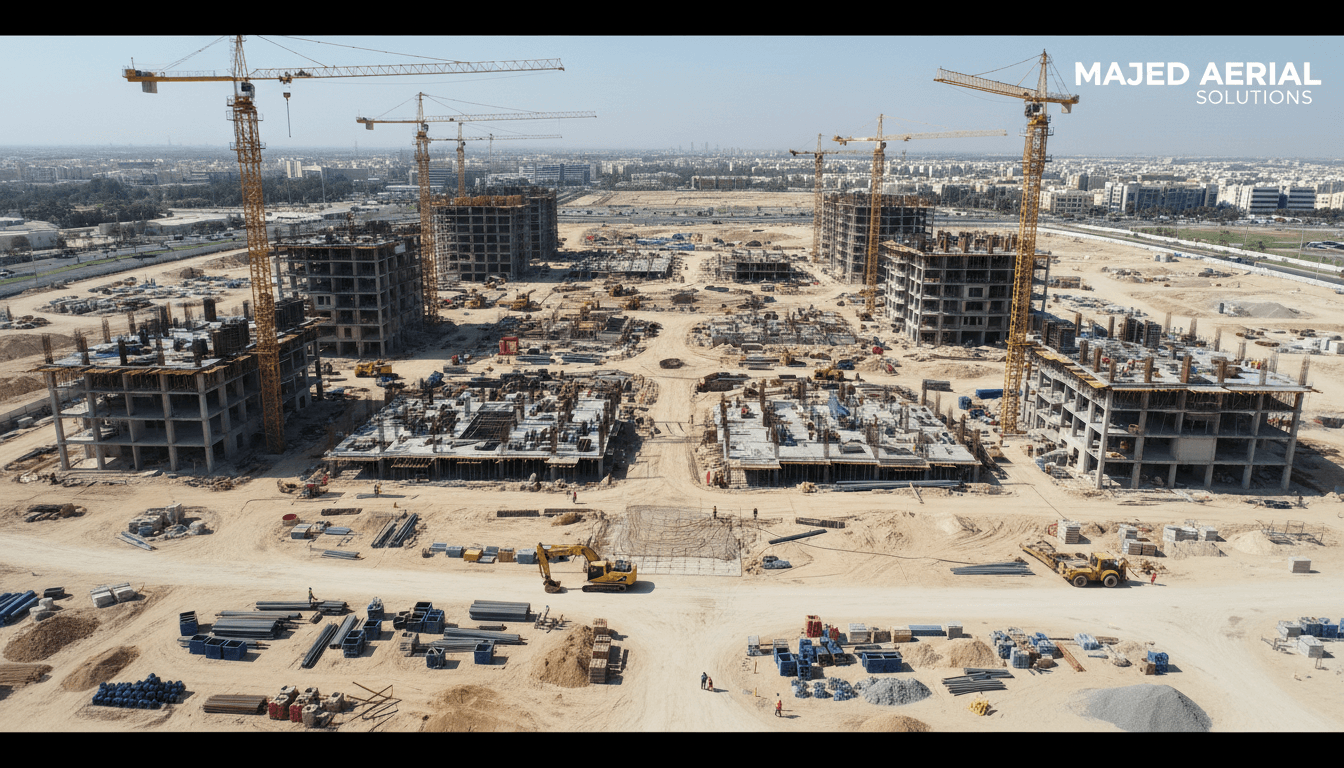 تصوير جوي احترافي لموقع مشروع إنشائي مع خرائط RTK عالية الدقة