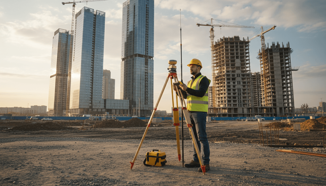 مهندس مسح يستخدم معدات RTK على موقع بناء