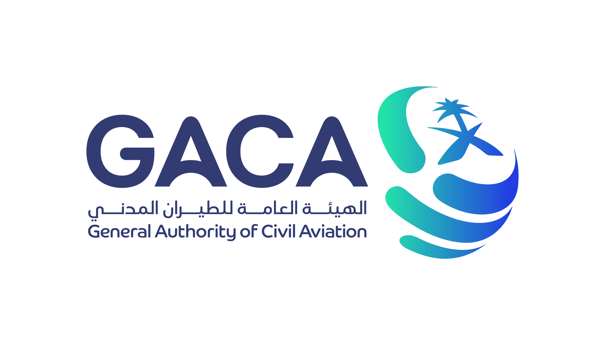 شعار الهيئة العامة للطيران المدني السعودي مع اختصار GACA ورمز كروي ملون يضم نخلة.