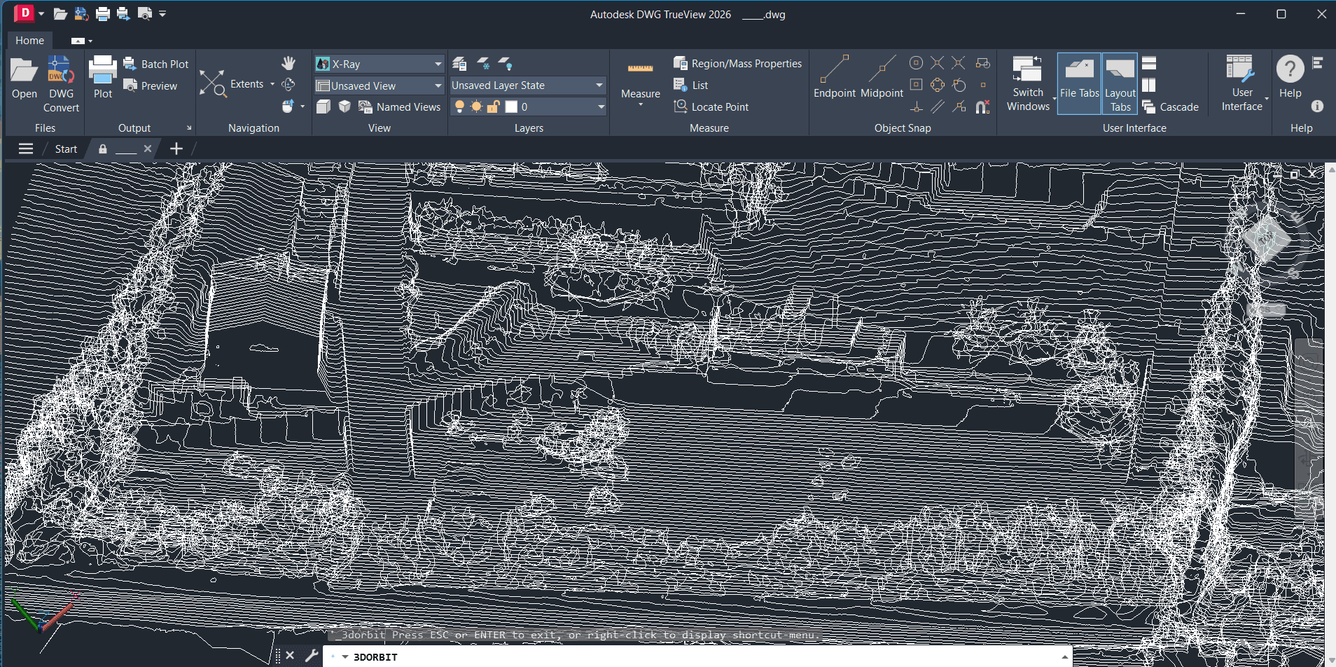 خريطة كنتورية ثلاثية الأبعاد تظهر تضاريس وأشجاراً ضمن واجهة برنامج Autodesk DWG TrueView.